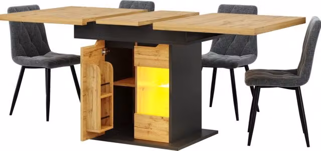 Tavolo da pranzo allungabile 110-140×80 cm con struttura in MDF, porte in vetro di sicurezza, LED smart e vani portaoggetti