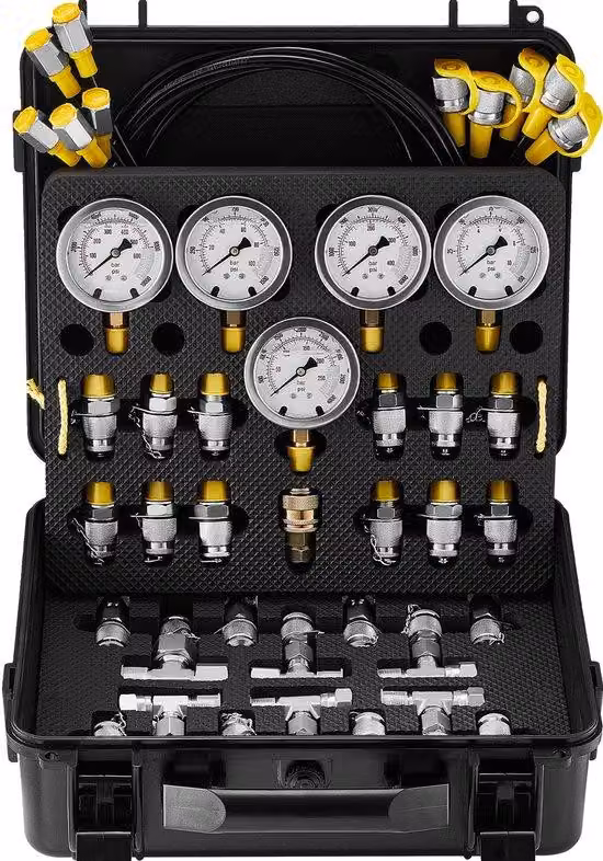 Kit di prova idraulica a pressione, con gamme da 10/100/250/400/600 bar, composto da 5 strumenti di misurazione, 13 morsetti, 14 raccordi a T, 5 tubi di prova. Set per macchine Graaf, completo di supporto per trattori e macchinari
