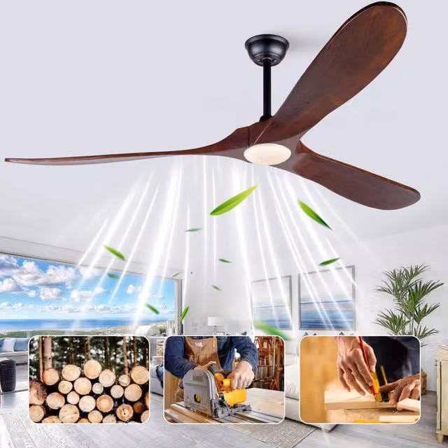 Ventilatore da soffitto 70'' con LED dimmerabile; 3 pale in legno massello; noce scuro e nero