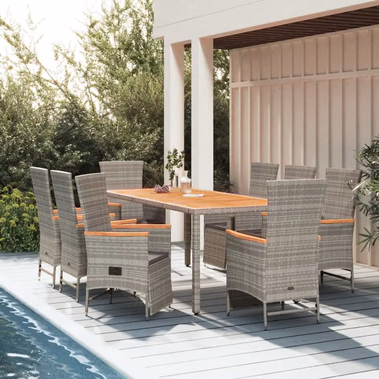 Set da pranzo da giardino vidaXL in polyrattan e legno di acacia grigio con 9 pezzi e cuscini