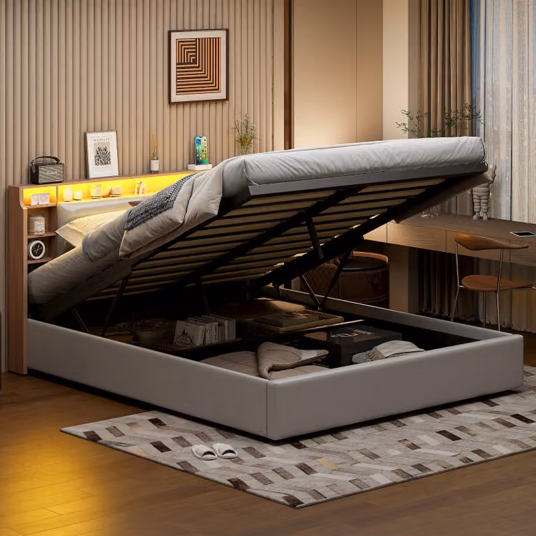 Letto imbottito 140 x 200 cm con contenitore testata e rete a doghe, letto a molle Letto con contenitore idraulico con contenitore rete, letto per ragazzi letto matrimoniale, PU