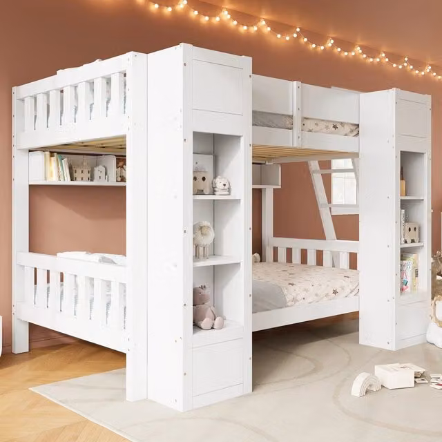 Letto a castello bambini 90x200 cm con 2 armadi frontali; mensola sospesa e scala reversibile; legno bianco