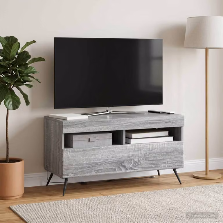 Mobile TV LED vidaXL in legno ingegnerizzato color grigio Sonoma con illuminazione integrata e scomparti multimediali L/P/H: 81,0 x 35,0 x 43,0 cm