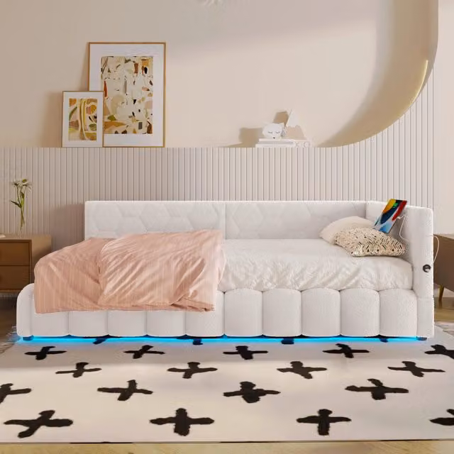 Letto singolo contenitore Chicfurn in tessuto bianco con illuminazione LED e porte USB e Type-C L/P/H: 90 x 200 x 102 cm