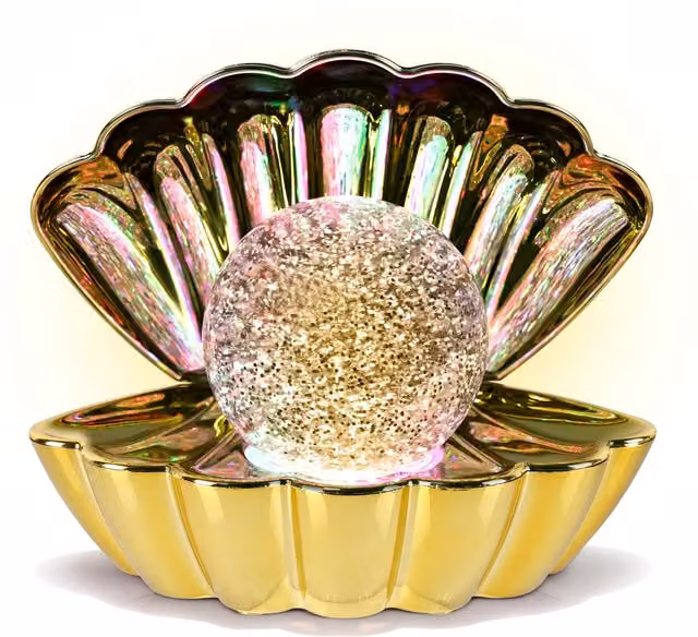 Lampada da tavolo KASANOVA a forma di conchiglia con LED glitter gold e finiture in vetro