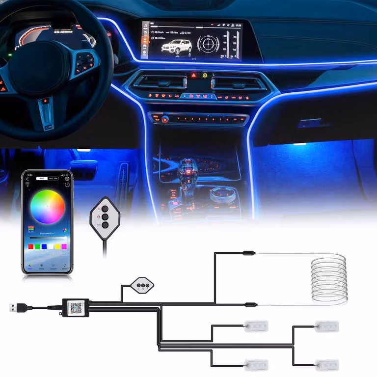 Illuminazione interna LED per auto, luce ambientale RGB, striscia LED da 4 metri con controllo tramite app e pulsanti, sensore musicale, alimentazione USB, 5-12V