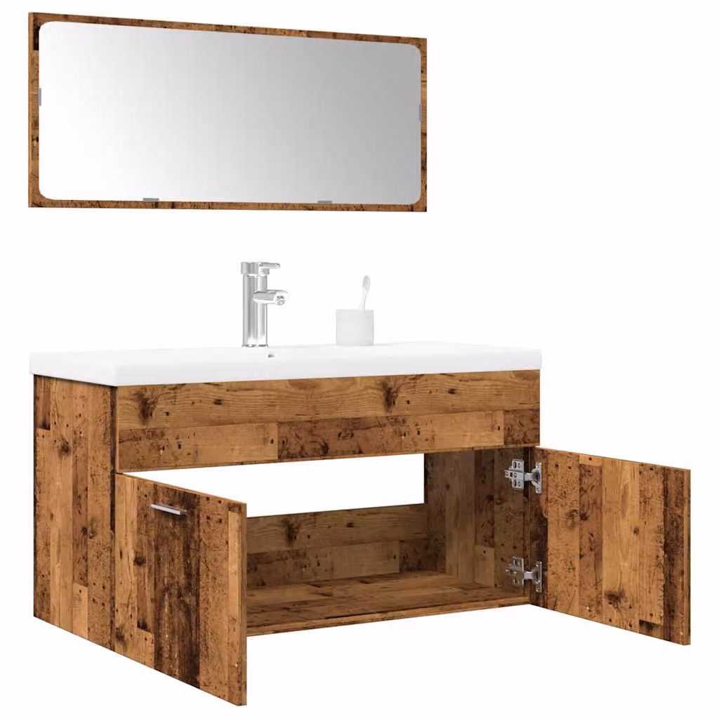 Set di mobili da bagno vidaXL in legno multistrato color legno antico, composto da mobile lavabo, pensile e armadietto con specchio, L/P/H: 90,0 x 38,5 x 46,0 cm