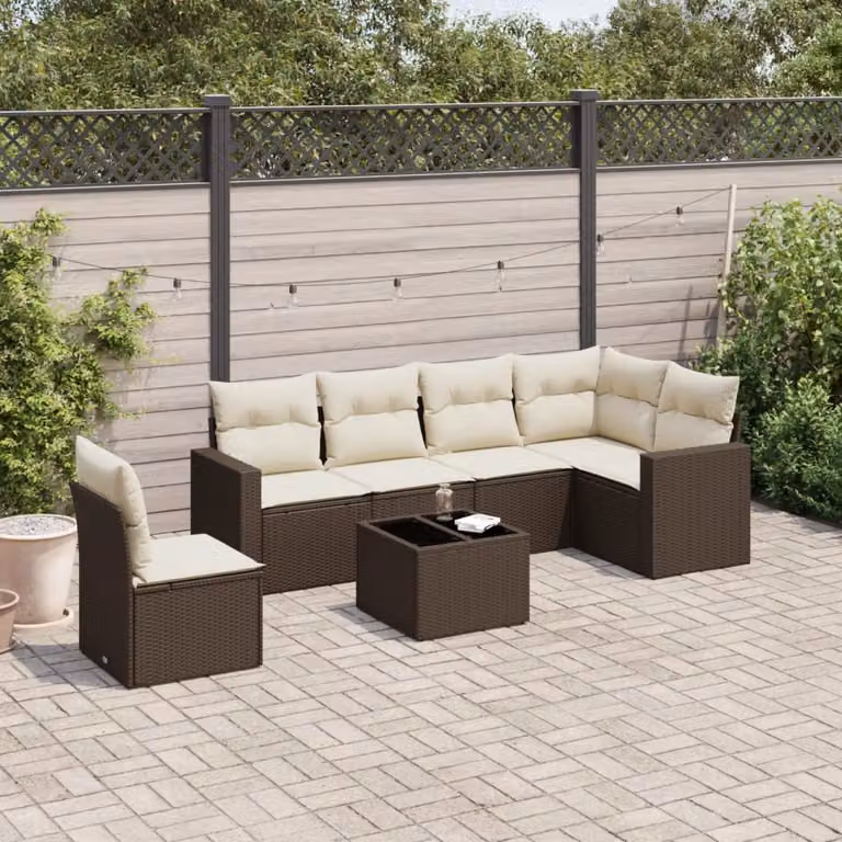 Set Divano da Giardino 7pz vidaXL in Polyrattan Marrone e Bianco con Cuscini e Tavolino da Esterno a Forma di L