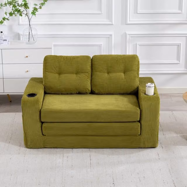 Divano modulare a 2 posti in velluto a coste con portabicchieri e tasche laterali verde oliva 136 × 80 × 82,5 cm