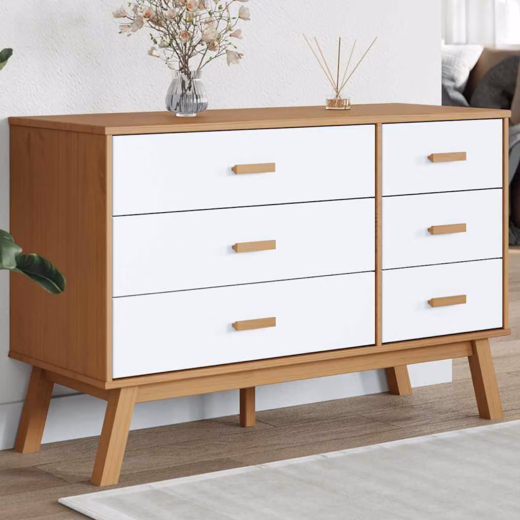 vidaXL Cassettiera OLDEN in Legno Massello di Pino, Bianca e Marrone, Stile Scandinavo