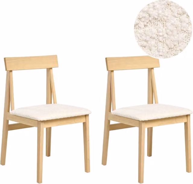 Set di 2 sedie da pranzo BELIANI con struttura in legno di gomma chiaro e seduta in tessuto bouclé beige, design retrò senza braccioli