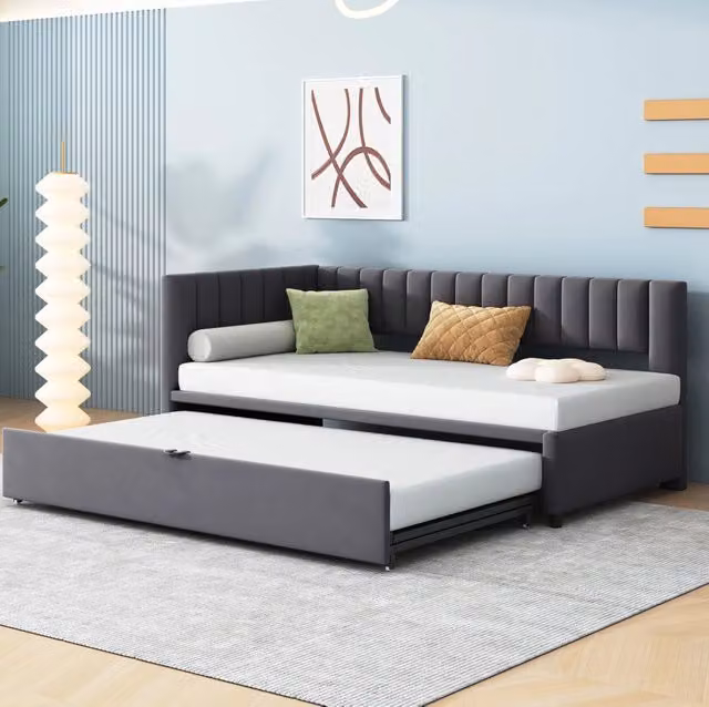 Divano letto angolare 90x200 cm estraibile; design salvaspazio; in velluto imbottito grigio