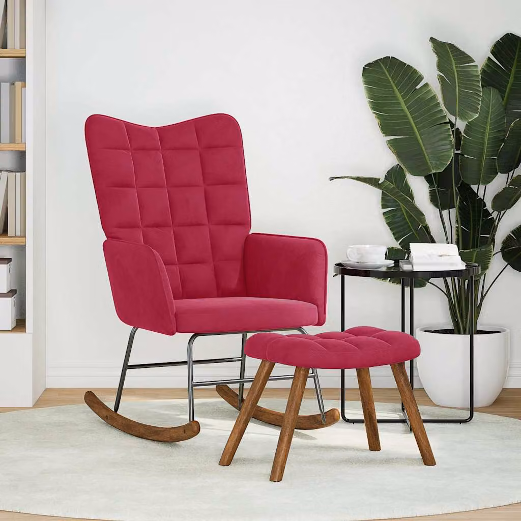 vidaXL Poltrona a Dondolo con Poggiapiedi in Velluto Rosso con Struttura in Legno e Metallo