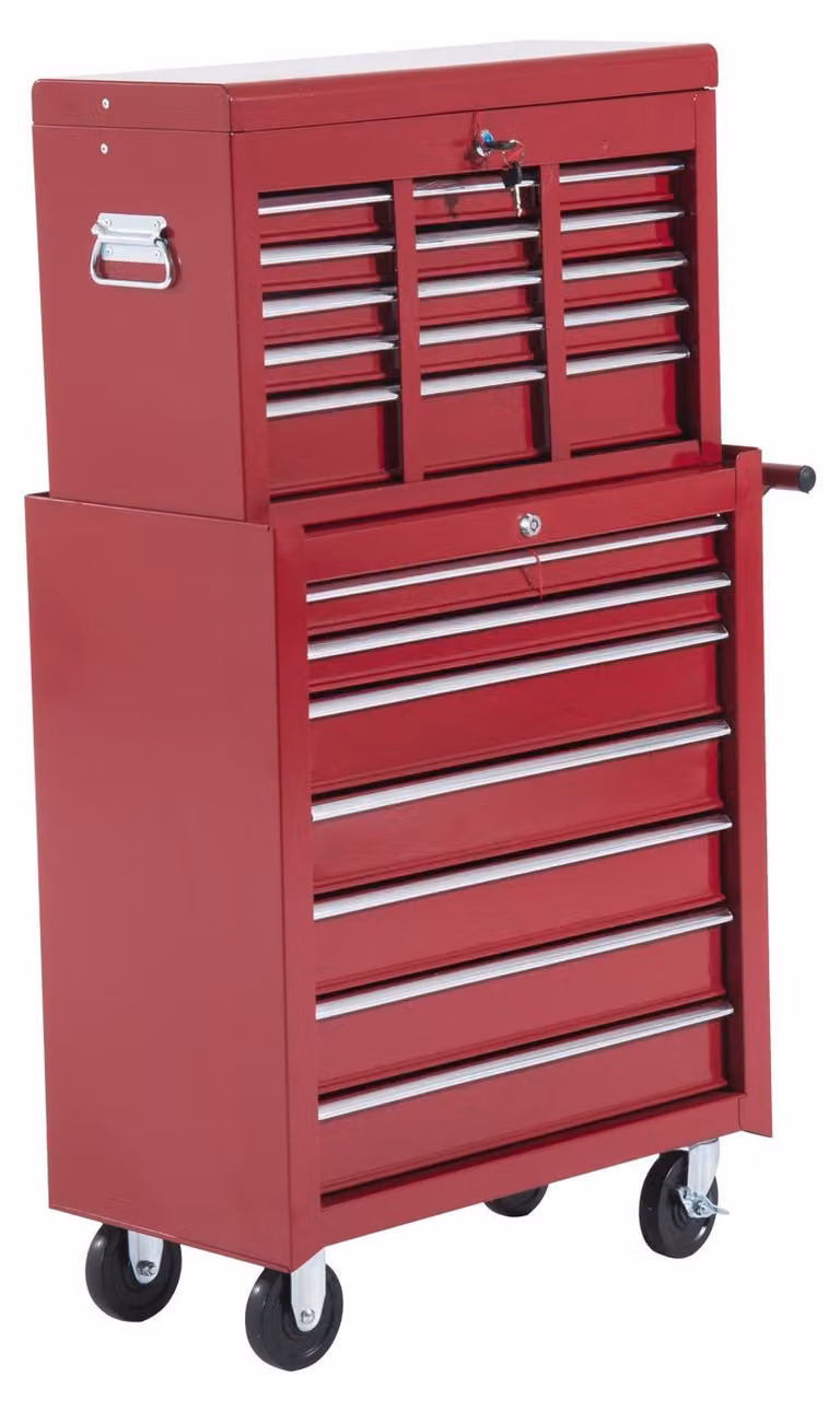 Cassetta degli attrezzi Moonbite, mobile, carrello da officina con 16 cassetti e serratura, 4 ruote, robusto e mobile, dimensioni 61,5 x 33 x 113 cm, acciaio, colore rosso
