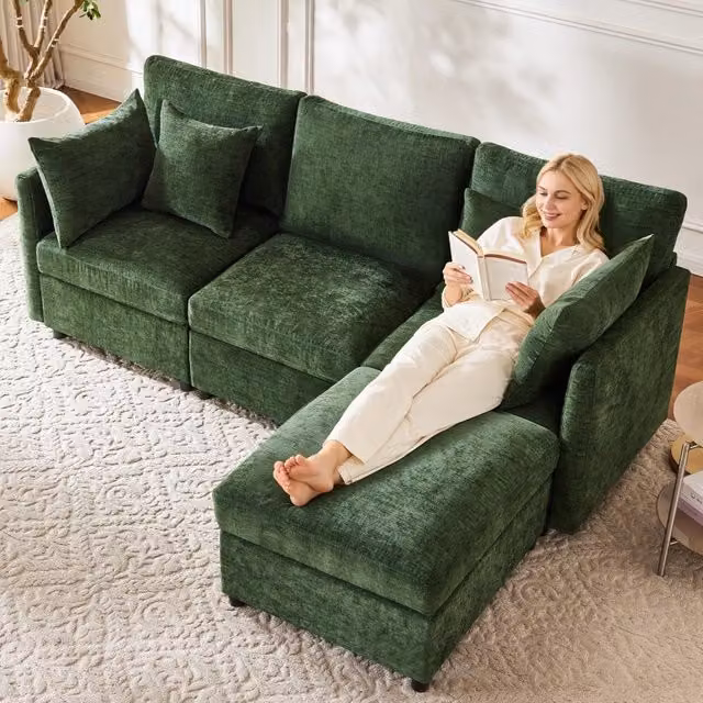 Divano angolare L convertibile - Zephmum- 3 posti, modulare, pouf mobile, 4 cuscini in chenille, verde