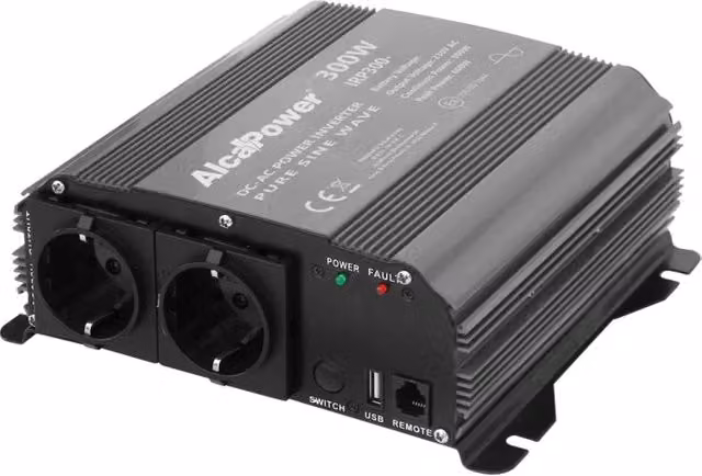 Alcapower Inverter ad Onda Sinusoidale Pura 300W, Colore Nero, Ingresso 12V DC, Uscita 230V AC, 2 Prese Schuko e USB 5V 500mA per dispositivi elettronici sensibili