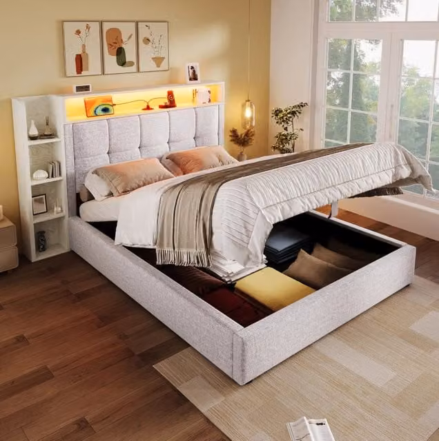 Letto imbottito ULEVR 90x200 cm con contenitore idraulico, LED, USB e Type-C, rivestimento in lino beige