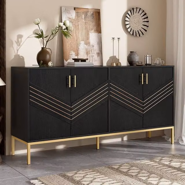 Buffet moderno Xylo con 4 porte in MDF nero e oro con design geometrico L: 80,5 cm, P: 40 cm, H: 41 cm – 1