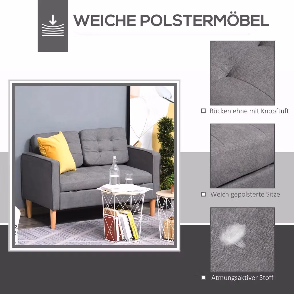 Divano a 2 posti WISHDOR in tessuto grigio con vano contenitore e struttura in legno massiccio L: 117 cm, P: 78 cm, H: 62 cm – 2