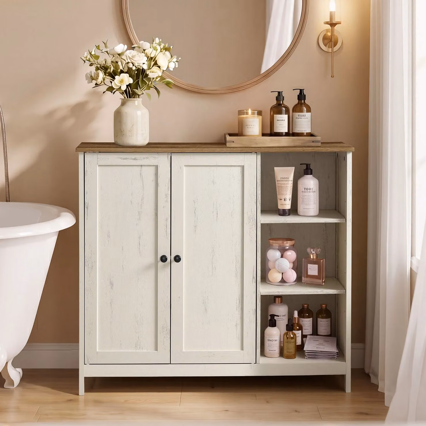 Mobile bagno da terra in MDF con ante e ripiani regolabili, Bianco Vintage + Marrone Miele