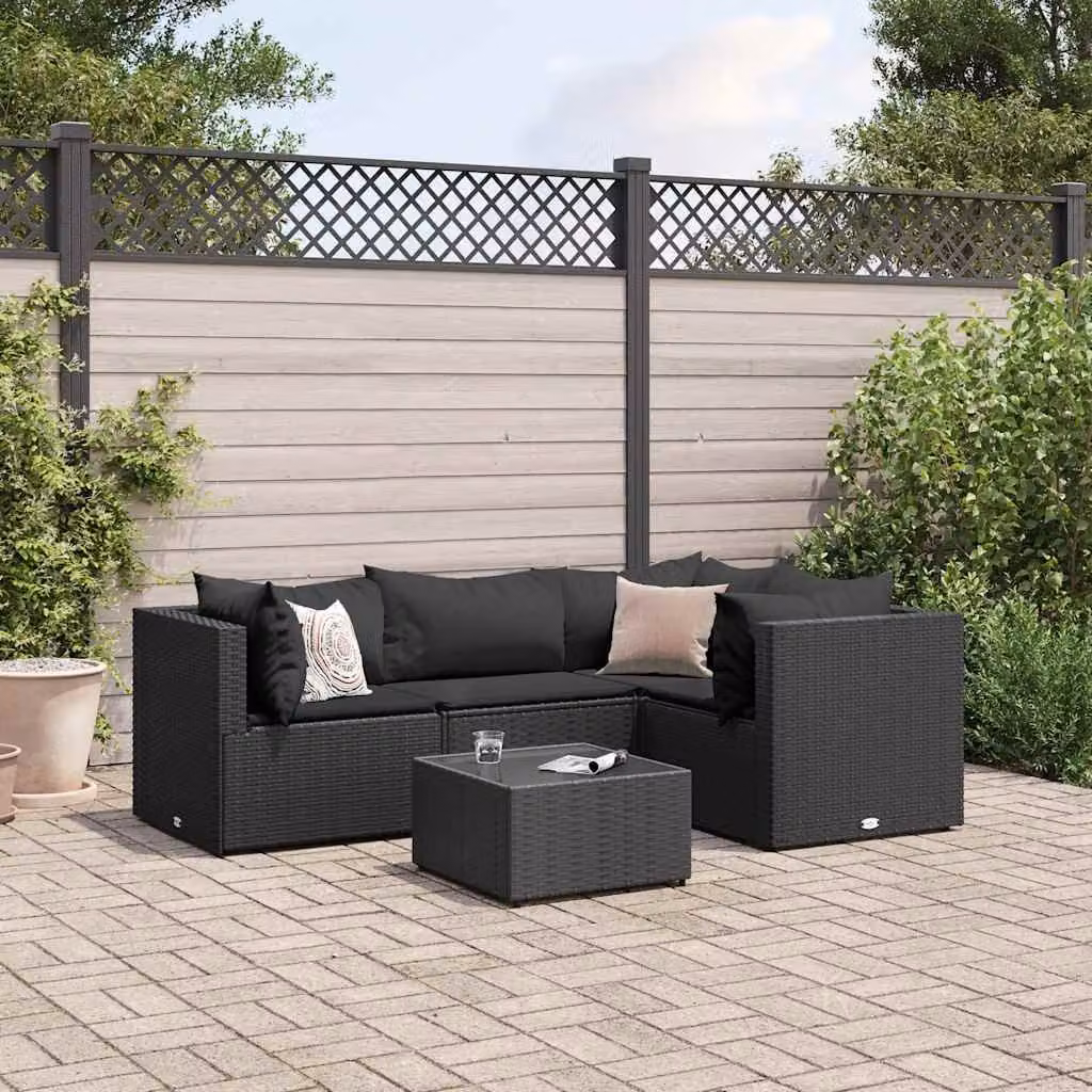 Set Divano da Giardino vidaXL 5 Pezzi a Forma di L con Tavolino e Cuscini Nero in Polyrattan e Acciaio