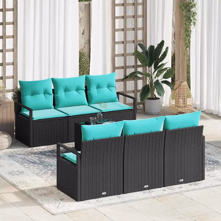 Set di divani da giardino vidaXL a 7 posti in polyrattan nero e turchese con cuscini inclusi e struttura in acciaio