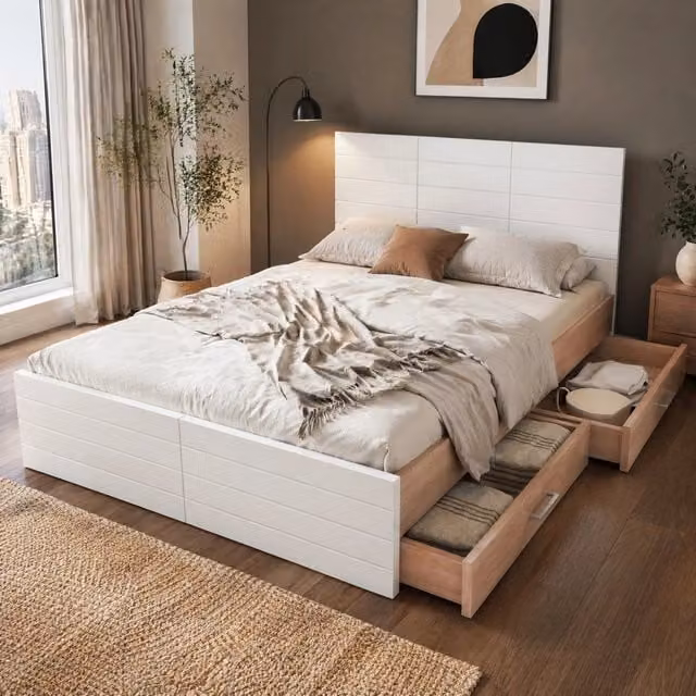 Letto Mivray con cassetti e rete a doghe in legno e MDF, bianco effetto rovere chiaro, L: 180 cm, P: 200 cm, H: 272 cm