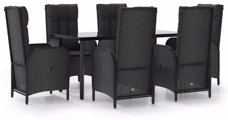 Set da giardino per 7 persone, in rattan sintetico, colore nero, con tavolo in vetro resistente agli agenti atmosferici di 160 cm