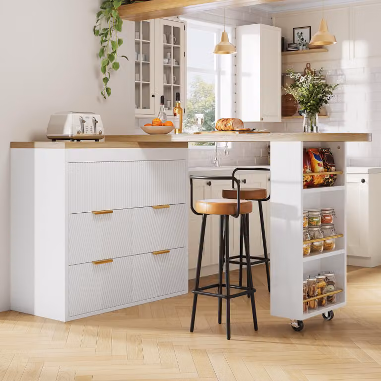 Tavolo da bar Flieks con 6 cassetti e sistema antiribaltamento, tavolo multifunzionale girevole a 360° utilizzabile come tavolo da pranzo o mobile da cucina, 128-203 x 39 x 90 cm, bianco