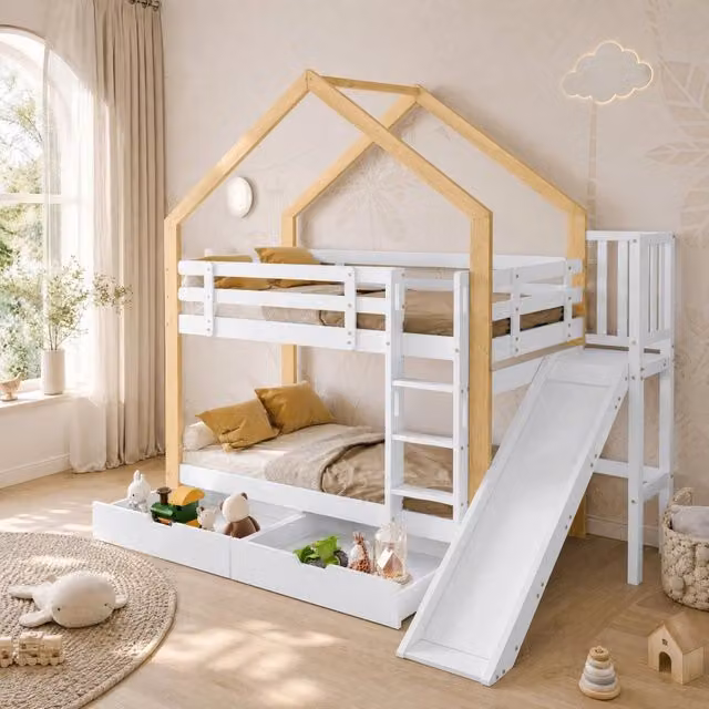 Letto a castello a casetta con scivolo e 2 cassetti; 245x164x223 cm; legno massello e MDF; bianco
