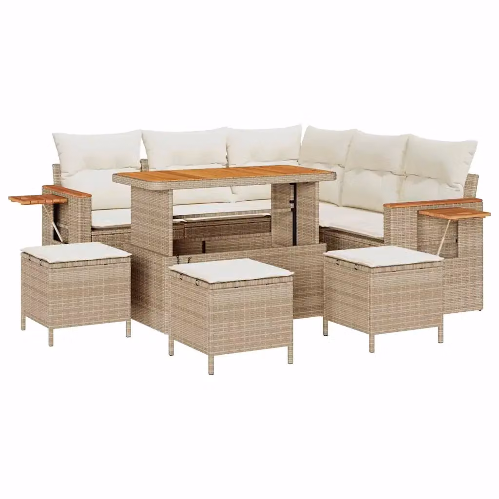 Set Divano da Giardino vidaXL 10 Pezzi a Forma di L con Tavolino e Pouf Beige e Bianco – 2