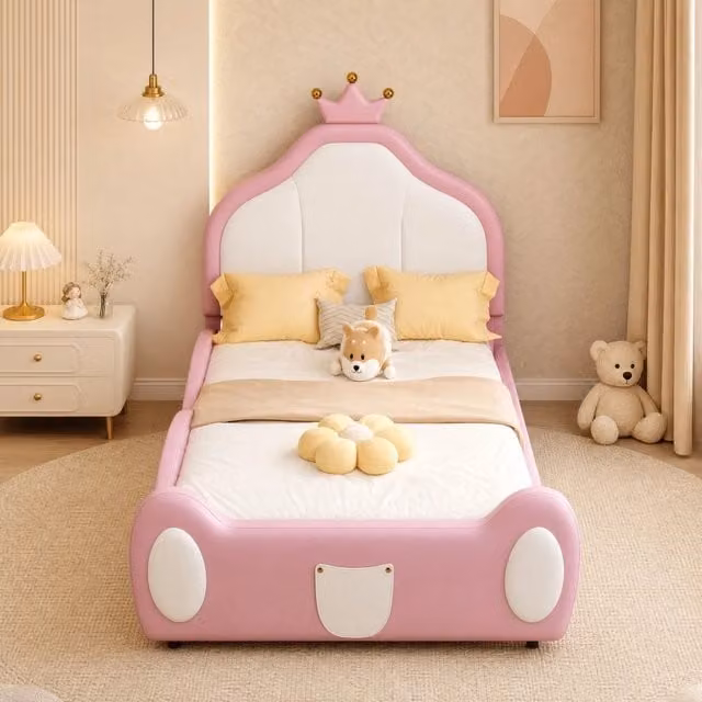 Letto imbottito per bambini MODFU con testiera a corona, bianco e rosa, L/P/H: 90 x 200 cm
