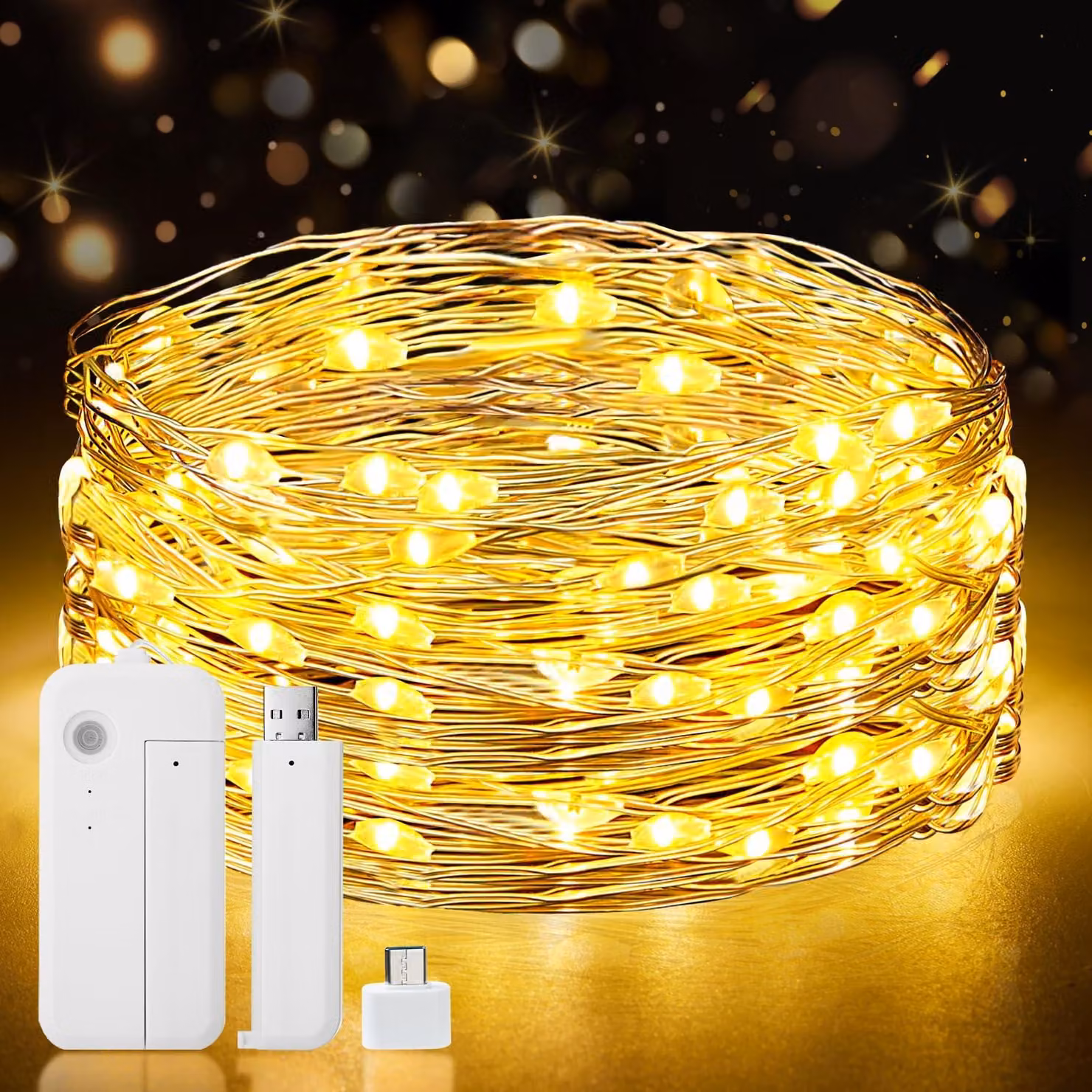 Catena luminosa da 10 metri, con 100 LED, ricaricabile, con timer, connettore USB-C, luce bianco caldo