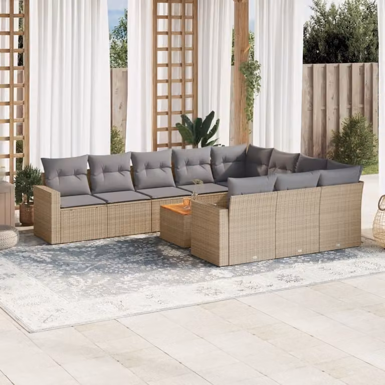 vidaXL Set Divani da Giardino 11 pz in Polyrattan Beige con Cuscini e Tavolino da Esterno