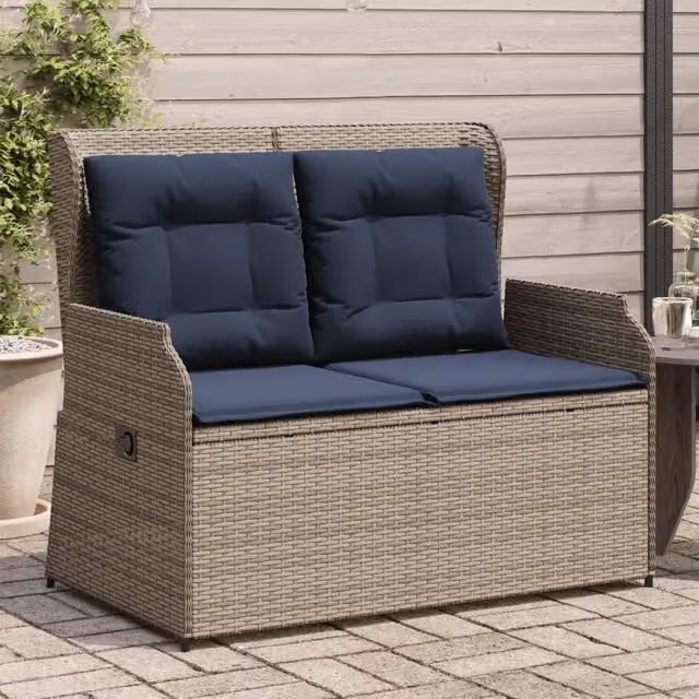 Panchina da giardino reclinabile vidaXL in polyrattan grigio con cuscini blu – 1