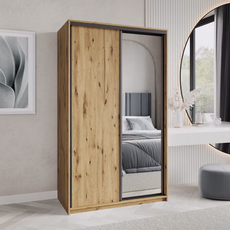 Armadio scorrevole Masseno TAVI 120/205/60 cm Armadio con cassetti Armadio per camera da letto a 2 ante con specchio Rovere Artisan + Nero