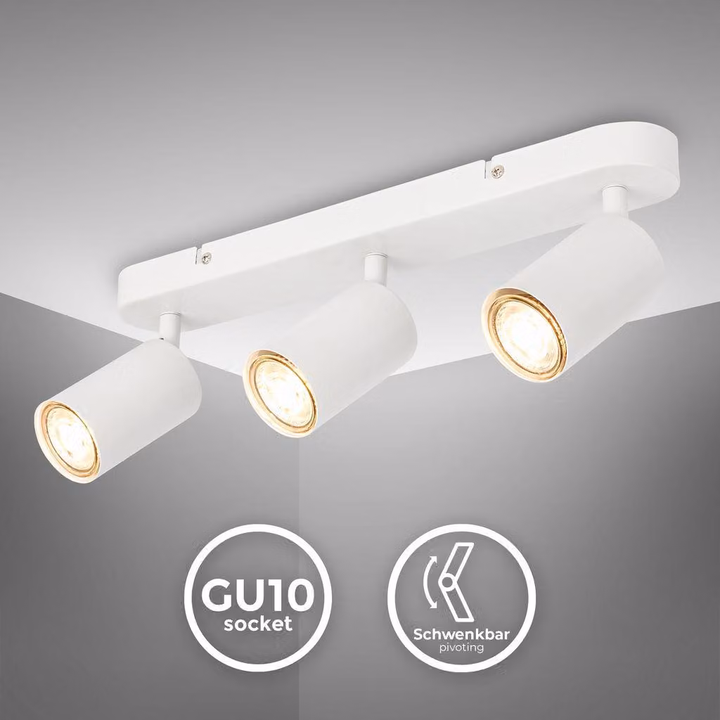 B.K.Licht - Lampada da soffitto orientabile, plafoniera GU10, lampada a 3 luci, spot da soffitto, lampada da soggiorno, lampada da camera da letto, lampada da cucina, lunghezza 39 cm, bianco