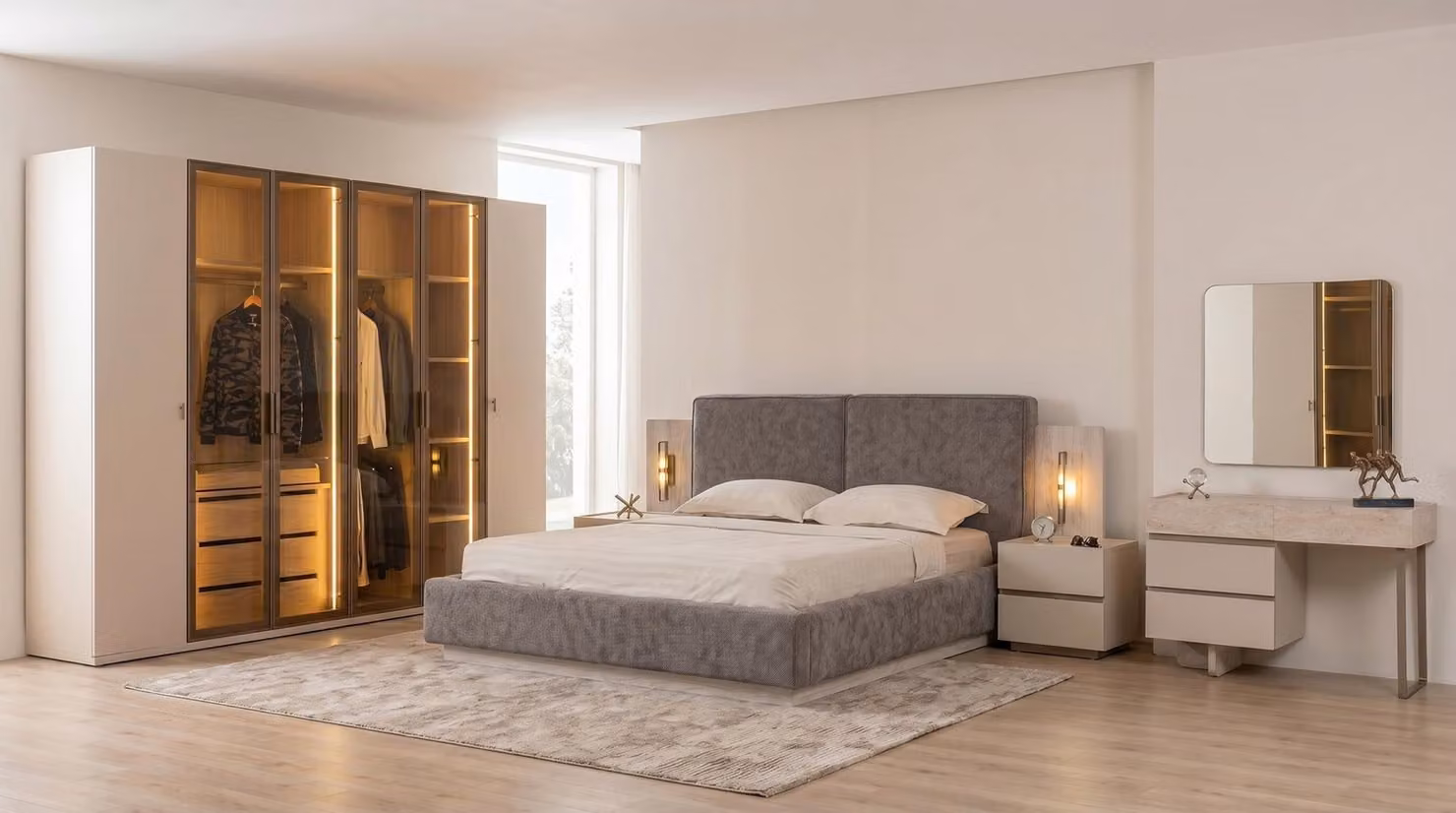 Set per camera da letto moderno: letto matrimoniale grigio, struttura in tessuto, design confortevole