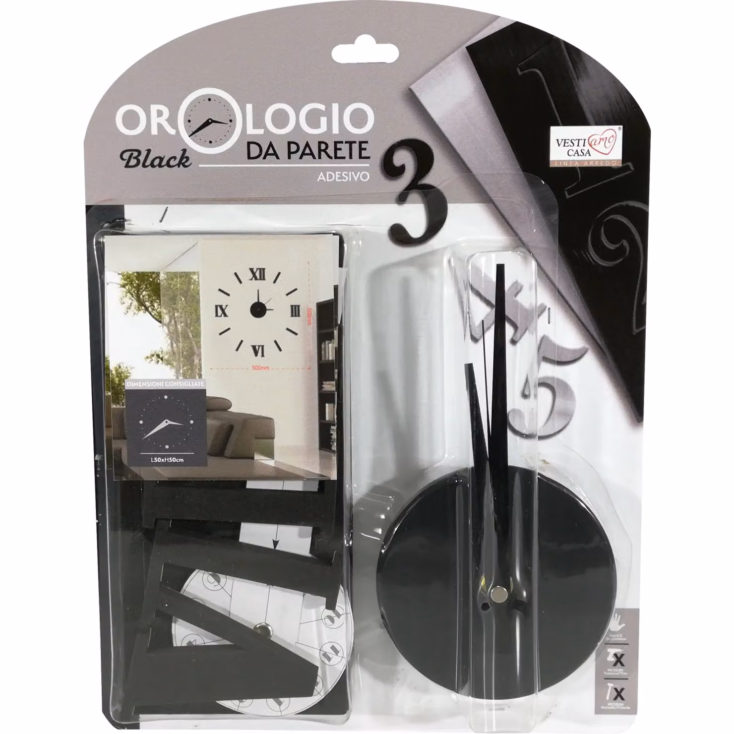 Orologio da parete analogico Dictrolux Nero, design moderno e adesivo, diametro 50 cm – 2