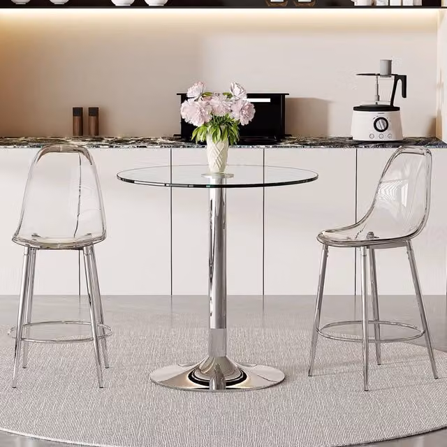Set tavolo e sedie da bar con tavolo e 2 sgabelli con poggiapiedi in vetro, metallo e plastica argento trasparente