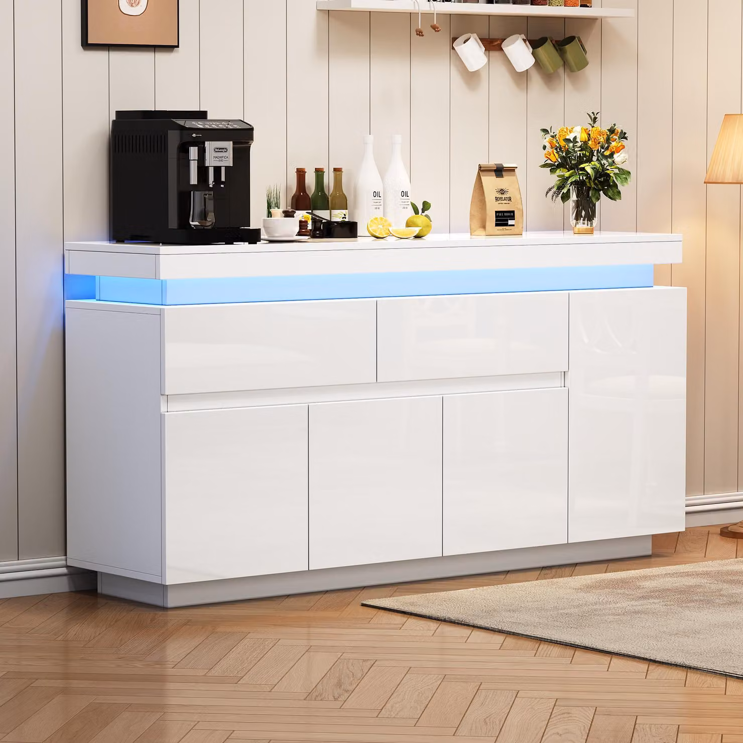 Madia moderna per soggiorno con illuminazione LED integrata, finitura bianca lucida, L 140 x P 35 x H 72,5 cm – 2