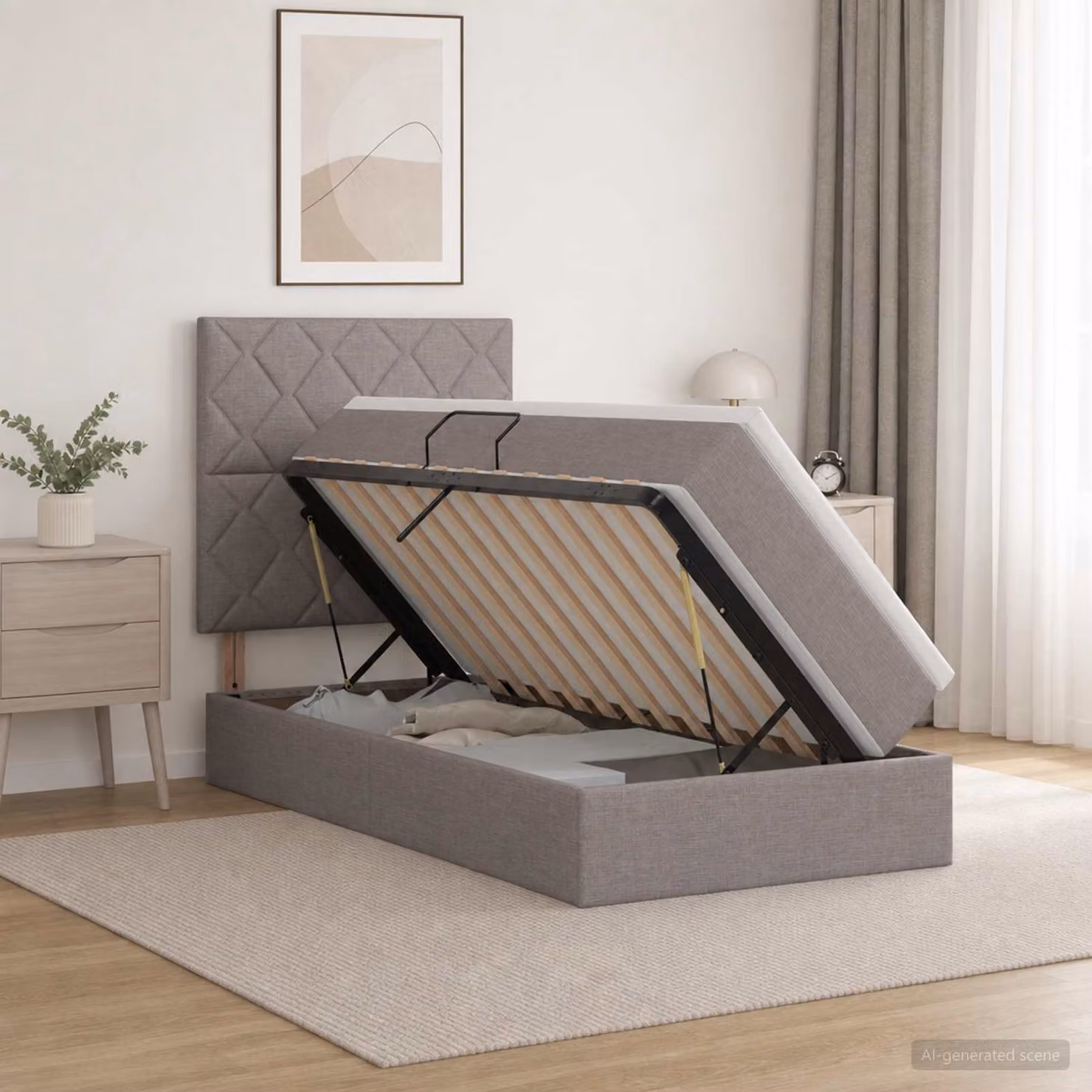 Letto con contenitore e materasso vidaXL in tessuto beige e grigio L/P/H: 204 x 100 x 128 cm