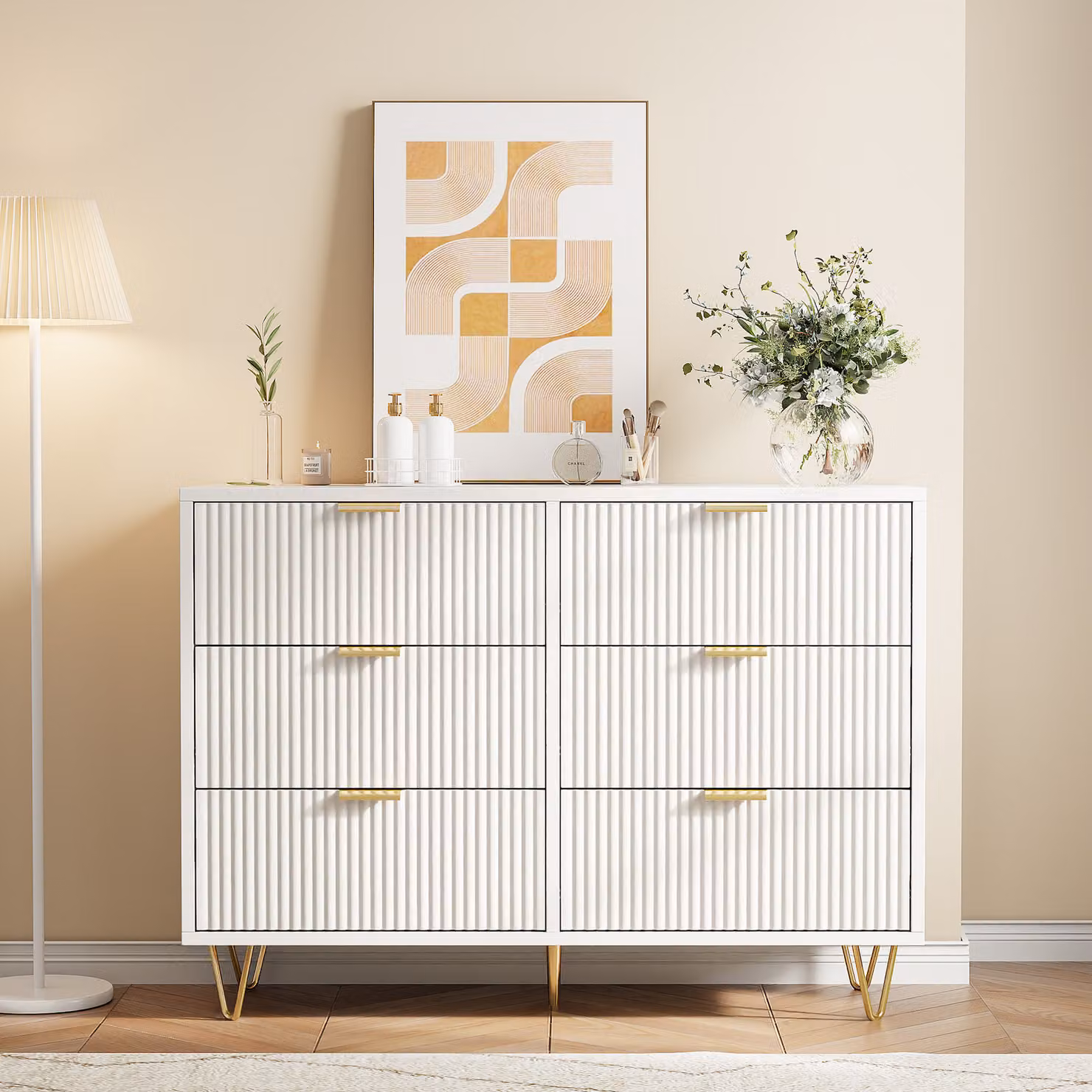 CDGlobal cassettiera, credenza soggiorno con 6 cassetti in tessuto, cassettiera camera da letto corridoio, cassettiera corridoio mobile per cucina ufficio corridoio camera da letto, bianco