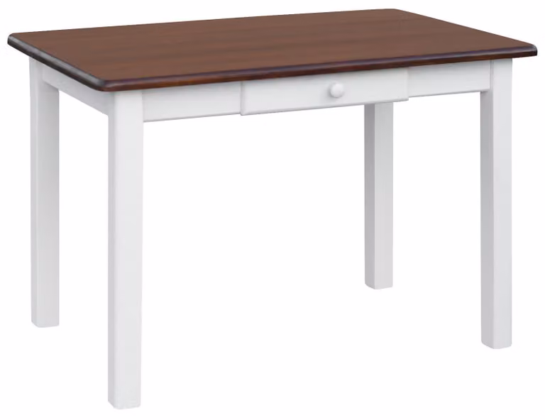 Tavolo bianco con cassetto in legno di pino massiccio con piano in colore noce 130 x 70 cm