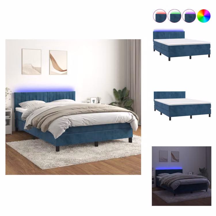 vidaXL Letto a molle con materasso e LED in velluto blu scuro 140x200 cm - Letti & strutture letto
