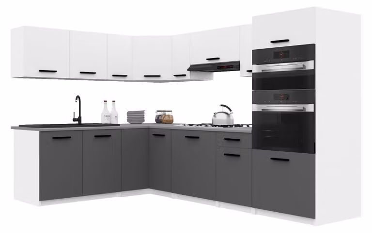 Belini - Angolo cottura moderno ITALIA 8 - Mobili da cucina 420 cm bianco-grigio opaco - Cucina componibile con pensili, mobili base e piani di lavoro