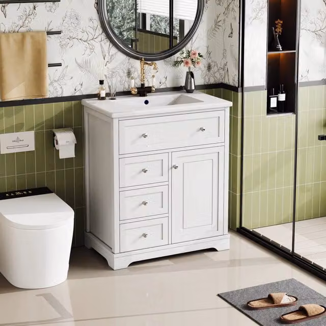 Mobile bagno freestanding WISHDOR in MDF laccato bianco con lavabo integrato e 3 cassetti, L: 76 cm, P: 46 cm, H: 87 cm – 1