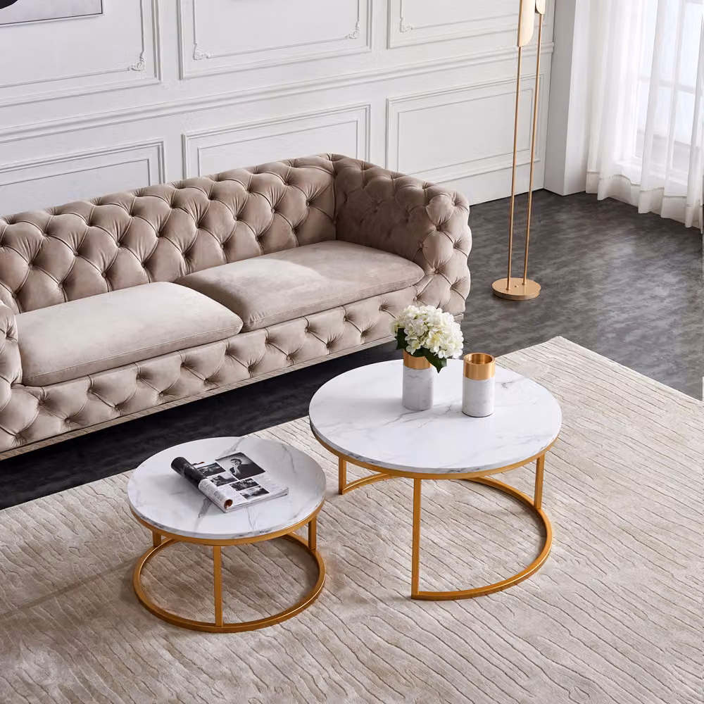 Tavolino da caffè ProximaX, tavolo da soggiorno, stile moderno 2 pezzi con motivo in marmo, 80x45cm+60x33cm, marmo bianco-oro