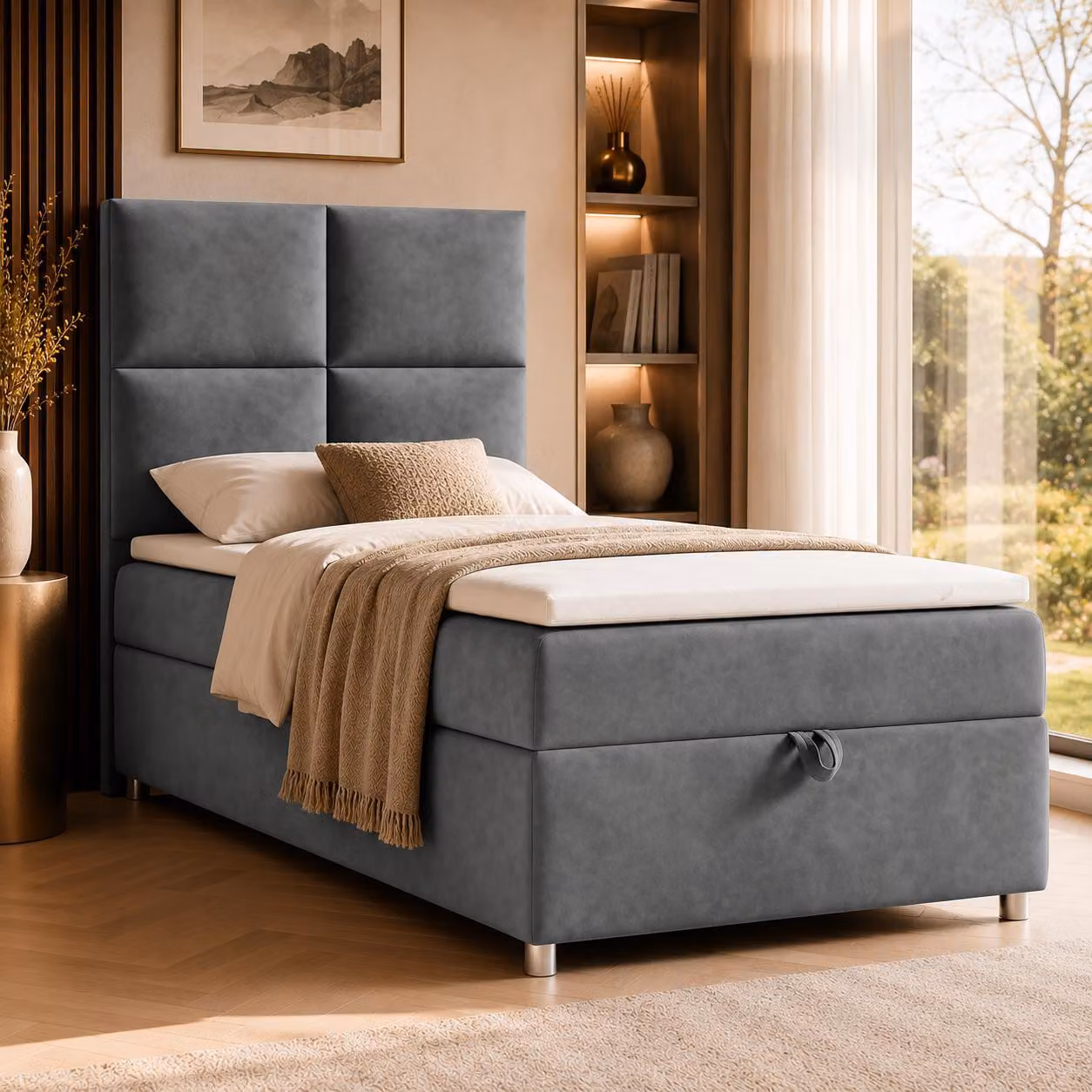 Best for Home Letto boxspring con contenitore Trinity K2-SINGLE 100x200 Materasso a molle Bonell incl. topper – Grafite