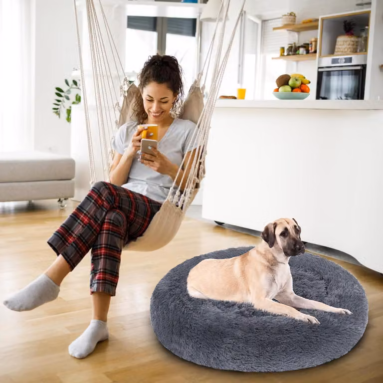 Cuccia rotonda per cani e gatti Ikodm, diametro 60 cm, in peluche lungo, con fondo antiscivolo, colore grigio scuro